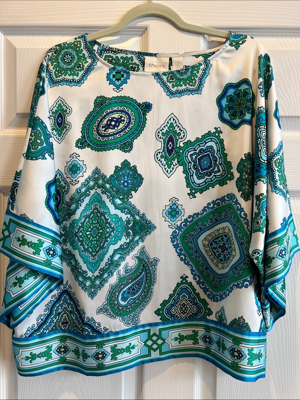 Chico's White Top with Green & Teal Paisley Medallions